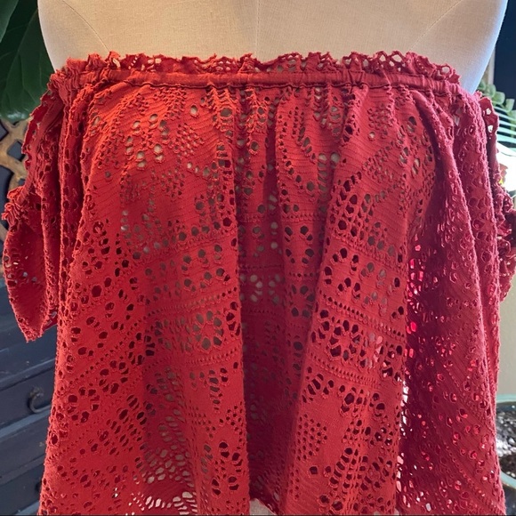 Free People Eyelet off shoulder crop peasant top in rust - Picture 10 of 15